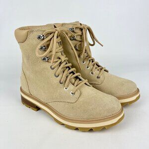 Sorel Womens Lennox Lace STKD Boots Beige Waterproof Suede Moto Hiking size 10